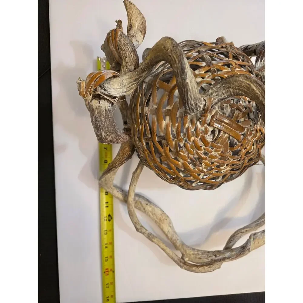 Handwoven Root Branches Rustic Sculpted Fruit & Leaves Basket Primitive Rustic